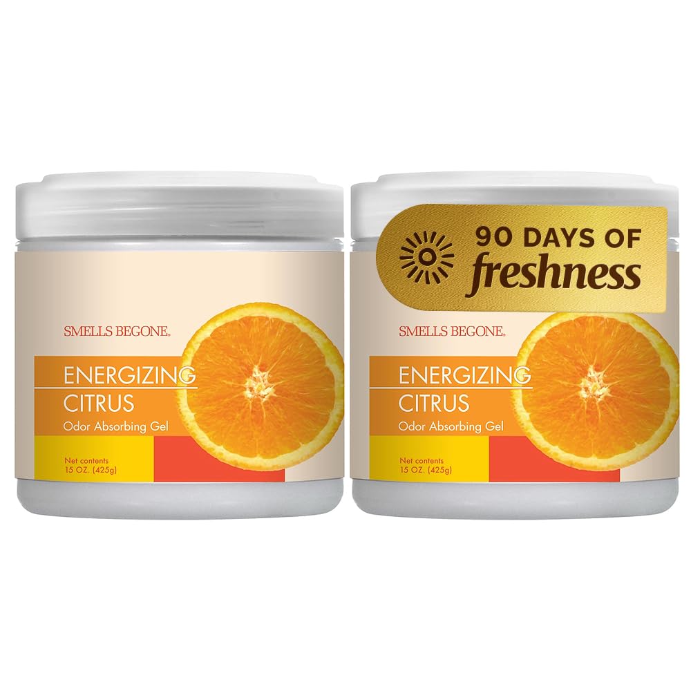 SMELLS BEGONE Air Freshener Odor Absorber Gel - 15 oz, Pack of 2 - Absorbs and Eliminates Odor in Pet Areas, Bathrooms, Cars, & Boats - Made with Essential Oils - Energizing Citrus Scent