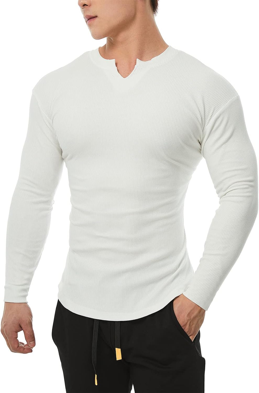 Men's Long Sleeve Ribbed Henley Shirts Lightweight Fashion Casual Pullover Shirt Classic Crew Neck Sweatshirts