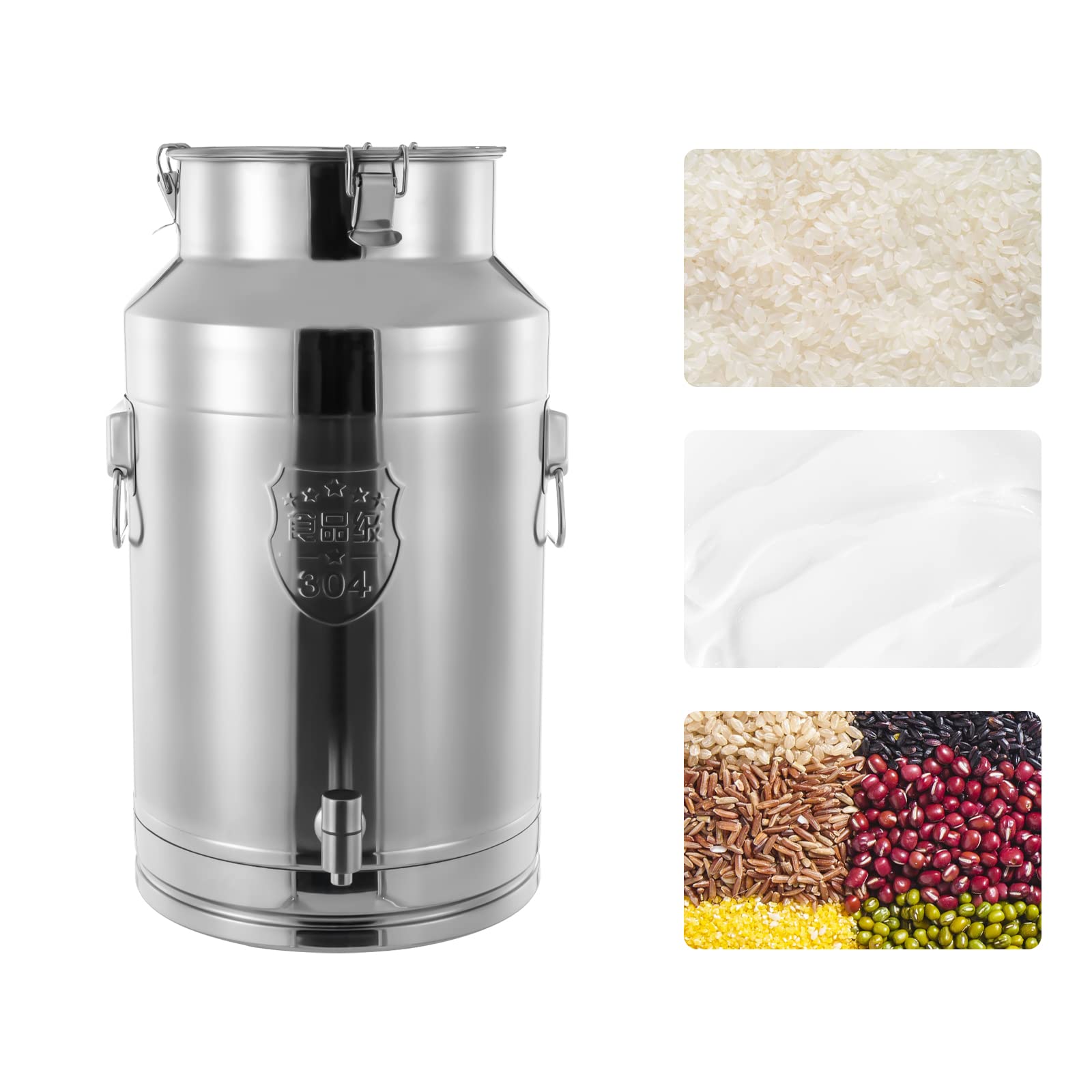 LIYUANJUN 35L / 9.24Gallon Stainless Steel Milk Can, Milk Bucket with Thickened Lid & Faucet Large Capacity Storage Can for Oil Liquid Wine Barrel Heavy Duty Coffee Container w/Hanging Loop
