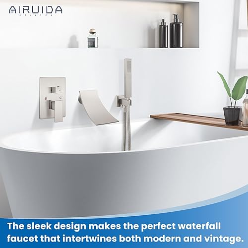 Miniatura 4 de Airuida Grifo de bañera de montaje en pared, níquel cepillado con rociador de ducha de mano, boquilla de cascada con moderno grifo de llenado de