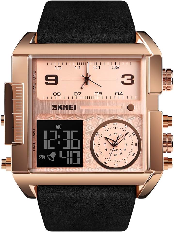 SKMEI メンズ腕時計 スクエアメンズ腕時計 LEDバックライト 大画面マルチタイムゾーン メンズウォッチ 防水 アナログ メンズ デジタルスポーツウォッチ, ローズゴールド&ブラック。, Case Size: 51mm, クォーツ時計、デジタル。