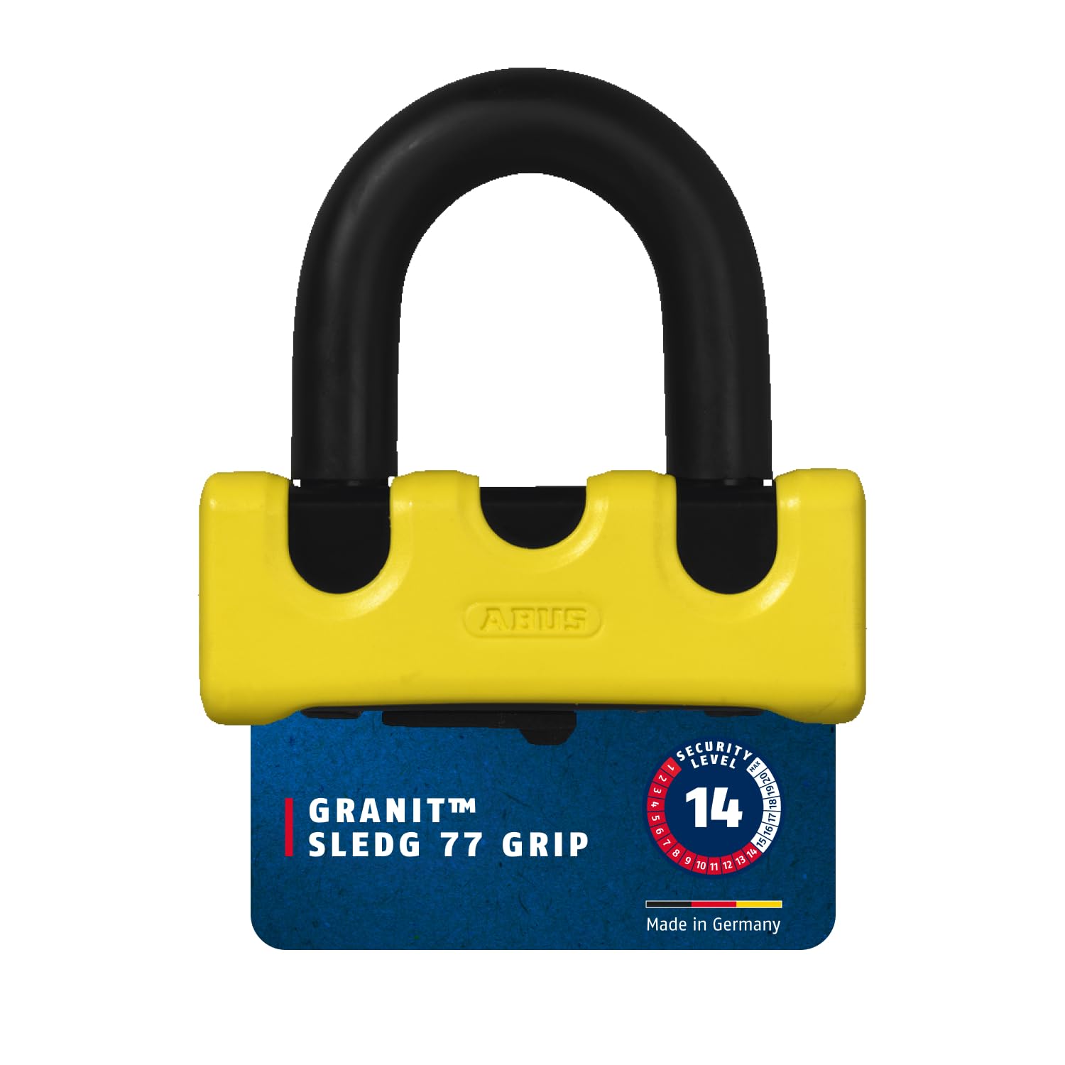 ABUS Lucchetto per disco freno GRANIT™ Power XS 67 con cilindro XPlus™ - Lucchetto per moto con doppio grillo e cavo di richiamo - Accessori per moto - Giallo