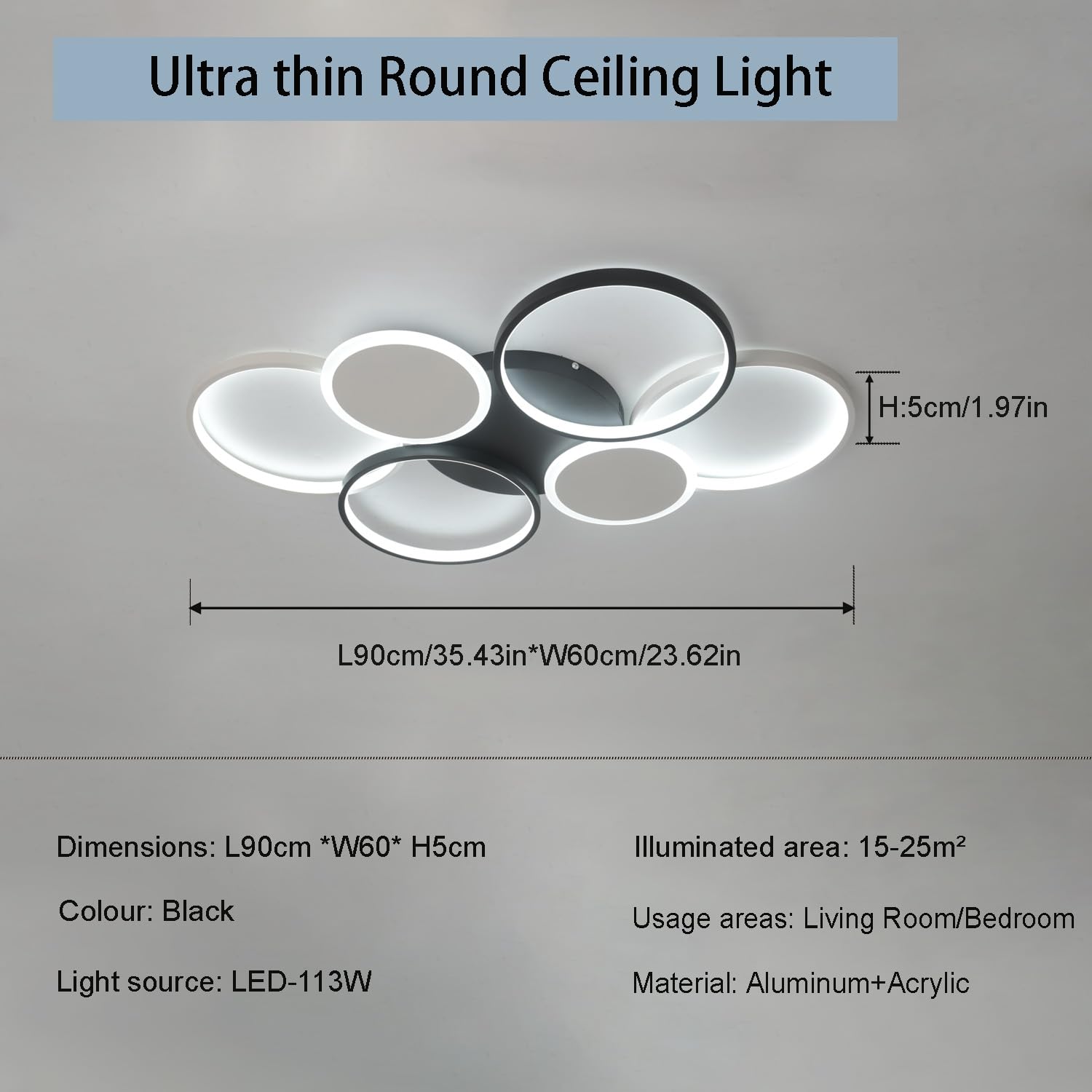 Nowoczesne oświetlenie sufitowe LED 3000k-6000k Ściemnialna lampa sufitowa Okrągła lampa sufitowa z pilotem Czarna akrylowa oprawa oświetleniowa do salonu Sypialnia Biuro Oświetlenie wewnętrzne