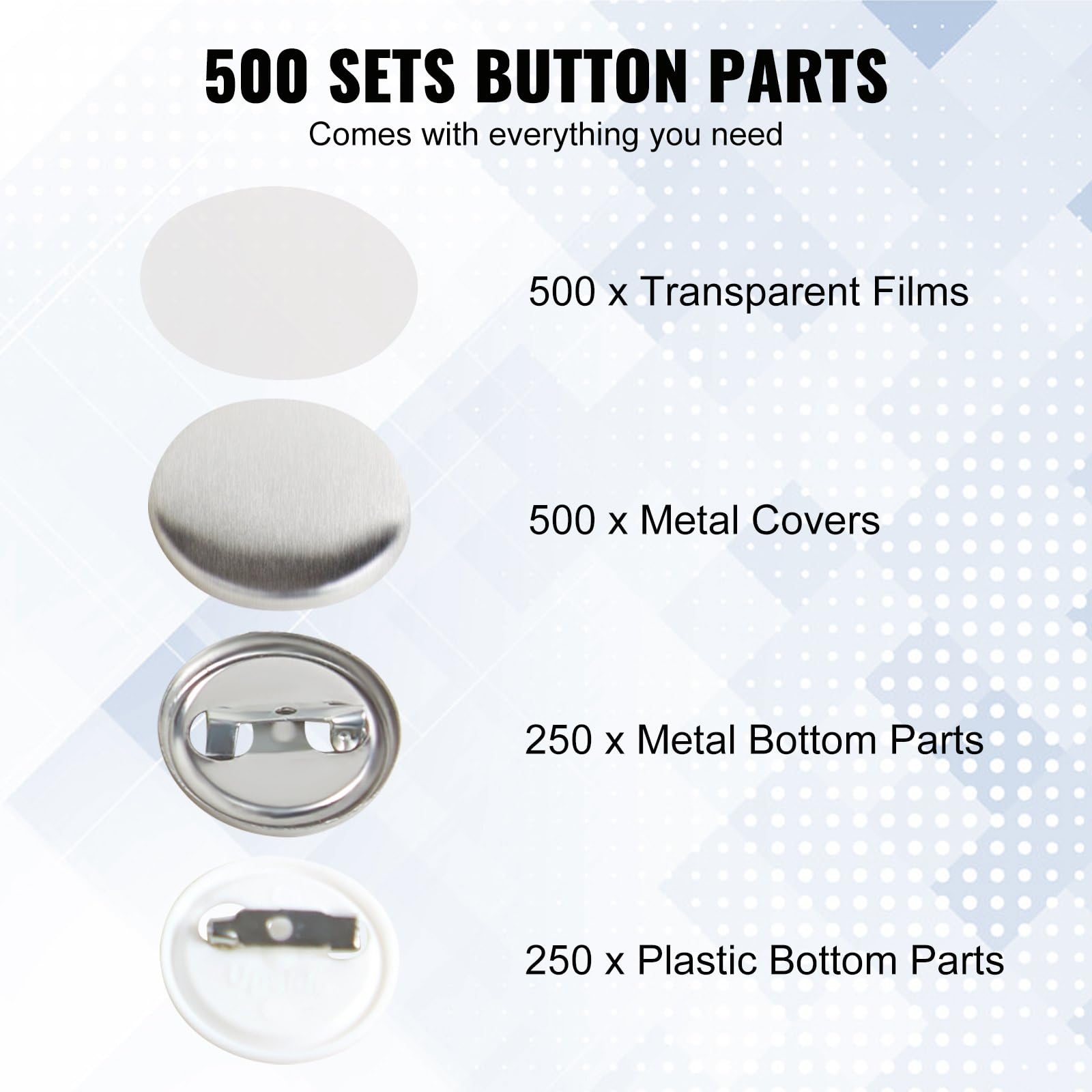 500er Set Abzeichen 25mm Zubehör für DIY Badge Punch Press Metall und Kunststoff 250 + 250 Stk