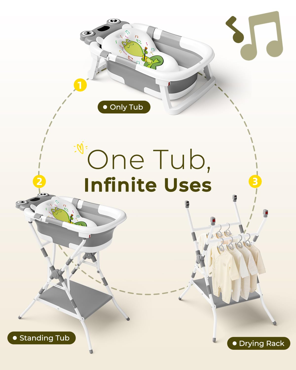 COOSEYA Bañera plegable 3 en 1 con soporte, bañera para bebés desde recién nacidos hasta niños pequeños con cojín de apoyo suave, diseño plegable para viajes y exteriores, 0-18 meses