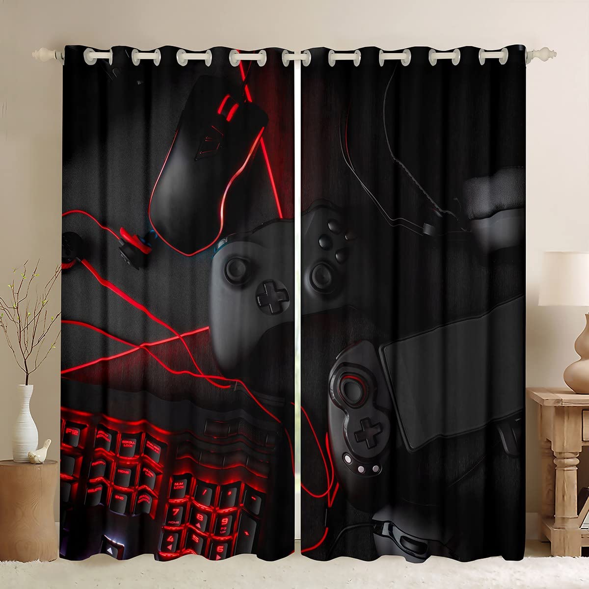Loussiesd Giocare, tende opache per camera da letto, soggiorno, per ragazzi e ragazzi, cuffie, console da gioco, tastiera del mouse, tenda da finestra, colore nero, rosso, 175 x 140 cm, set da 2