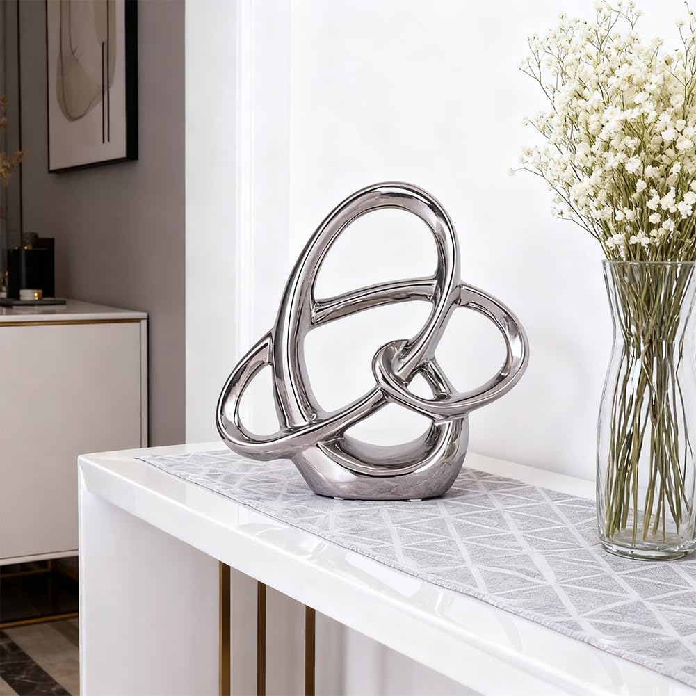 Decorazioni moderne per tavolo da pranzo, statue in ceramica argentata per accenti di decorazione domestica, scultura in ceramica argentata astratta in ceramica, decorazioni da tavolo per sala da