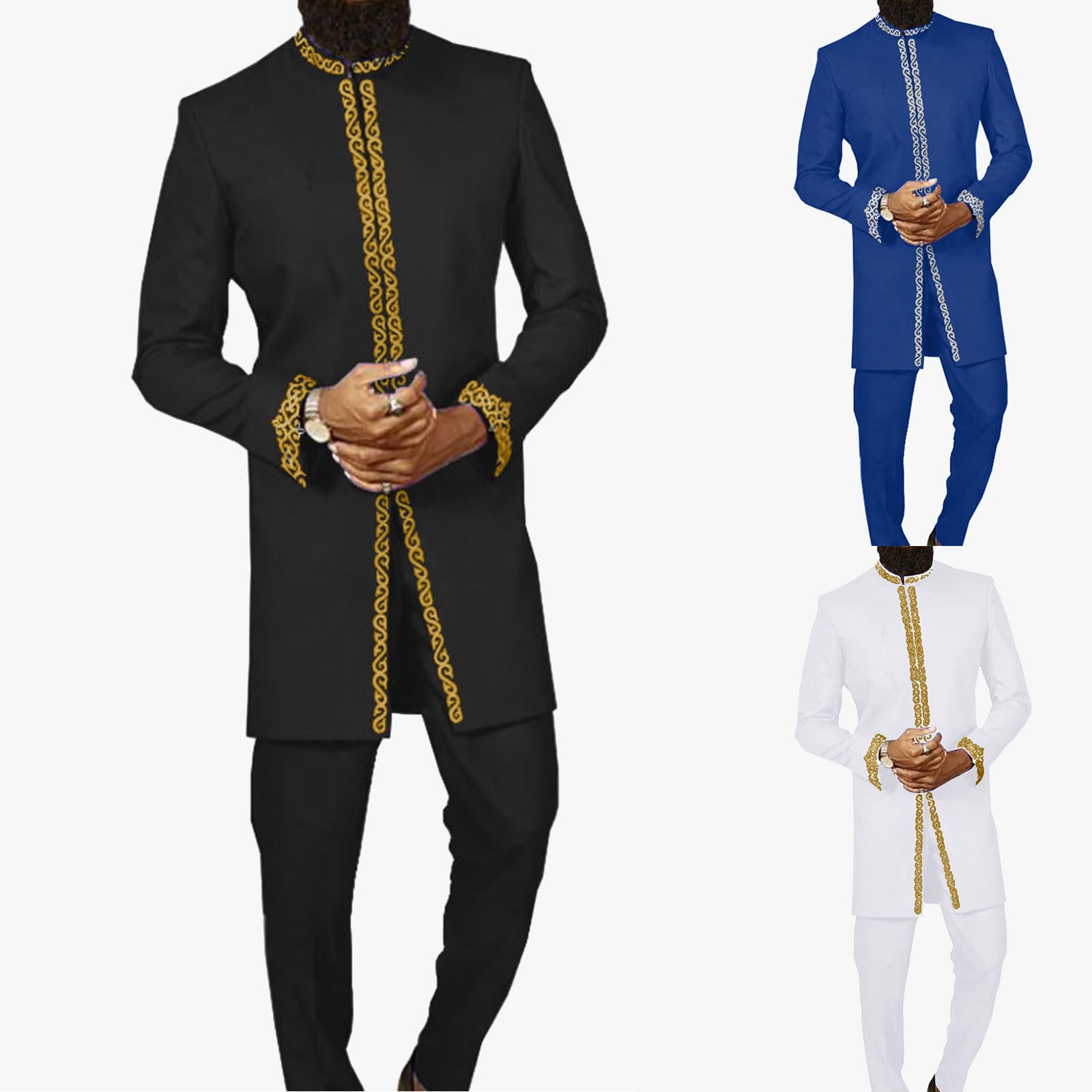 Islamico kAbbigliamento Uomo Vestito Africano Musulmano Due Pezzi Vestito Girocollo Ricamo Manica Lunga Cappotto E Pantaloni Tinta Unita Tuta Casual Arabo Etnico Caftano