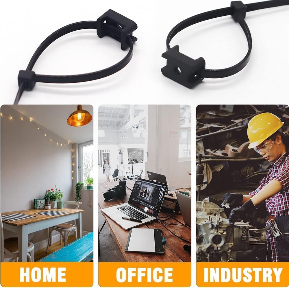 Kit di 100 supporti neri per fascette con cerniera, base con 100 fascette da 20,3 cm e 100 viti autofilettanti, clip per cavi e morsetti
