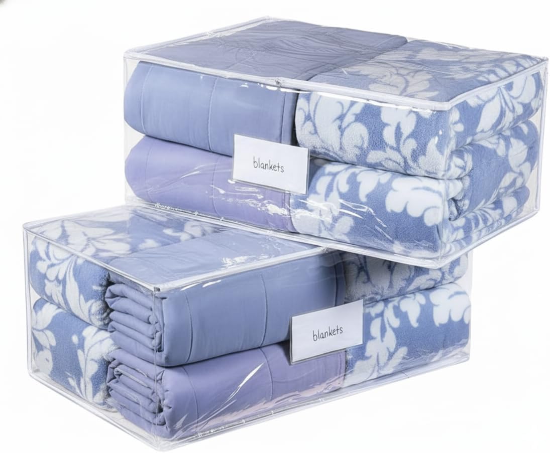 Masirs Clear Blanket Storage Bag (2-Pack) - Vinyl Clothing Organizers with Zipper & Label Pocket - Protects from Dust, Moisture & Dirt - Ideal for Underbed Storage Sheets, Comforters & Bedding