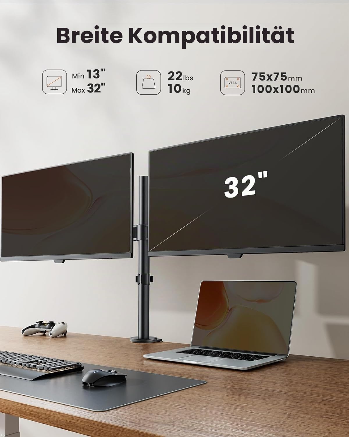 ErGear Monitor Halterung 2 Monitore für 13-32 Zoll Bildschirm, Bildschirmhalterung 2 Monitore Höhenverstellbar Neigbar Schwenkbar Drehungbar, VESA 75/100