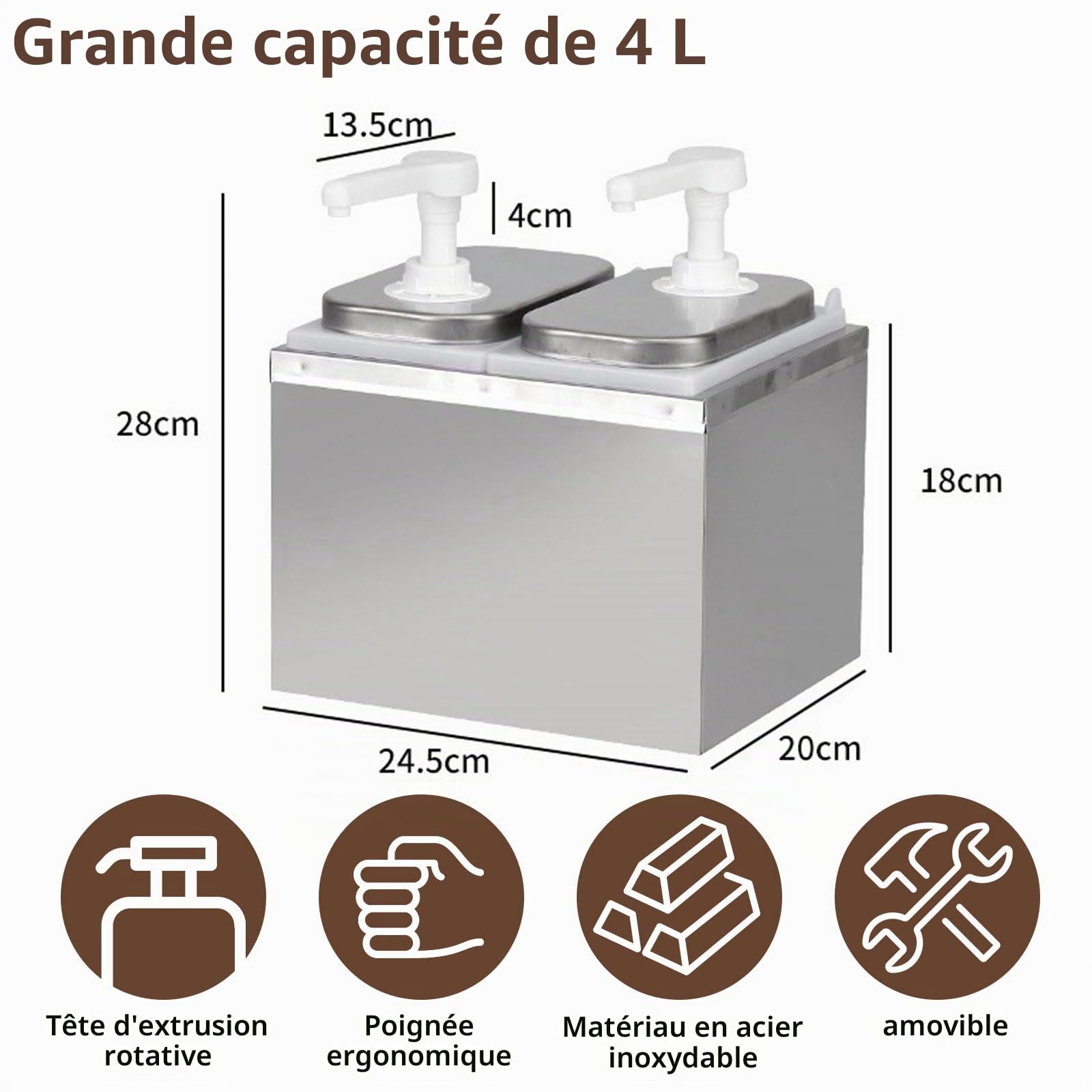 Distributeur de sauce ketchup de 4 l avec 4 pompes - Station de pompe à épices en acier inoxydable - Distributeur de sauce - Distributeur de sauce - Distributeur de sauce pour salade, confiture