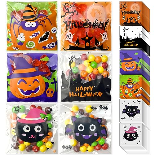 300PCS Halloween Treat Bags - Self-Adhesive, DIY Translucent Plastic Bags for Bakery, Biscuit, Chocolate - 3.94