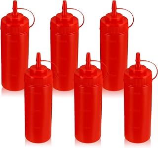 Squeeze Bottles for Sauces,Leak-Proof Condiment Dispenser, BPA-Free Kitchen Restaurant Squeeze Bottle Set with Wide Mouth for Ketchup, Mustard,Syrup,Dressings (Red, 6Pack-12oz(300ml))