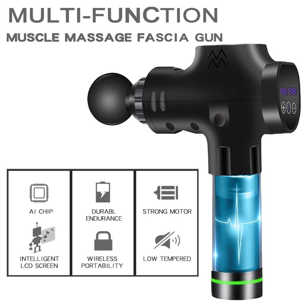 Pistola de Masaje Muscular, Pistola Masajeadora Muscular de Tejido Profundo con Ajuste de 20 Velocidades 6 Cabezal de Masaje, Ultra Silenciosos Massage Gun de Mano con Pantalla LCD