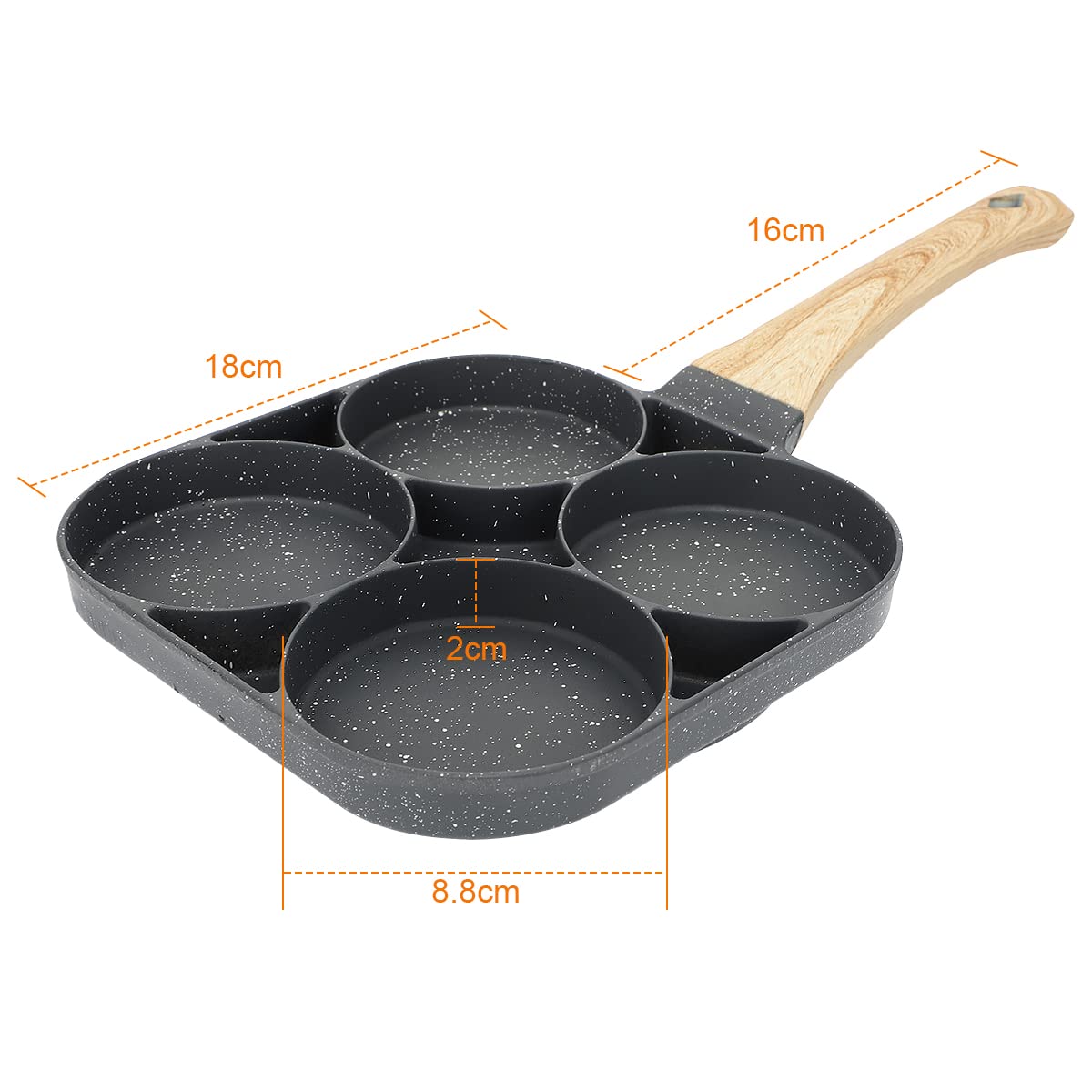 RANJIMA Poêle à Crêpes 4 Emplacements, Antiadhésive, avec Poignée en Bois Isolée pour pour Petit-Déjeuner Oeuf au Plat Hamburger, Omelette, Pancake, Cuisinière à Induction/Gaz