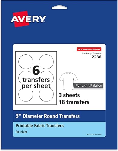 Avery Papel de transferencia ligero para camisetas, transferencia de círculo pretroquelada de 3 pulgadas de diámetro, impresión hasta el borde, 3
