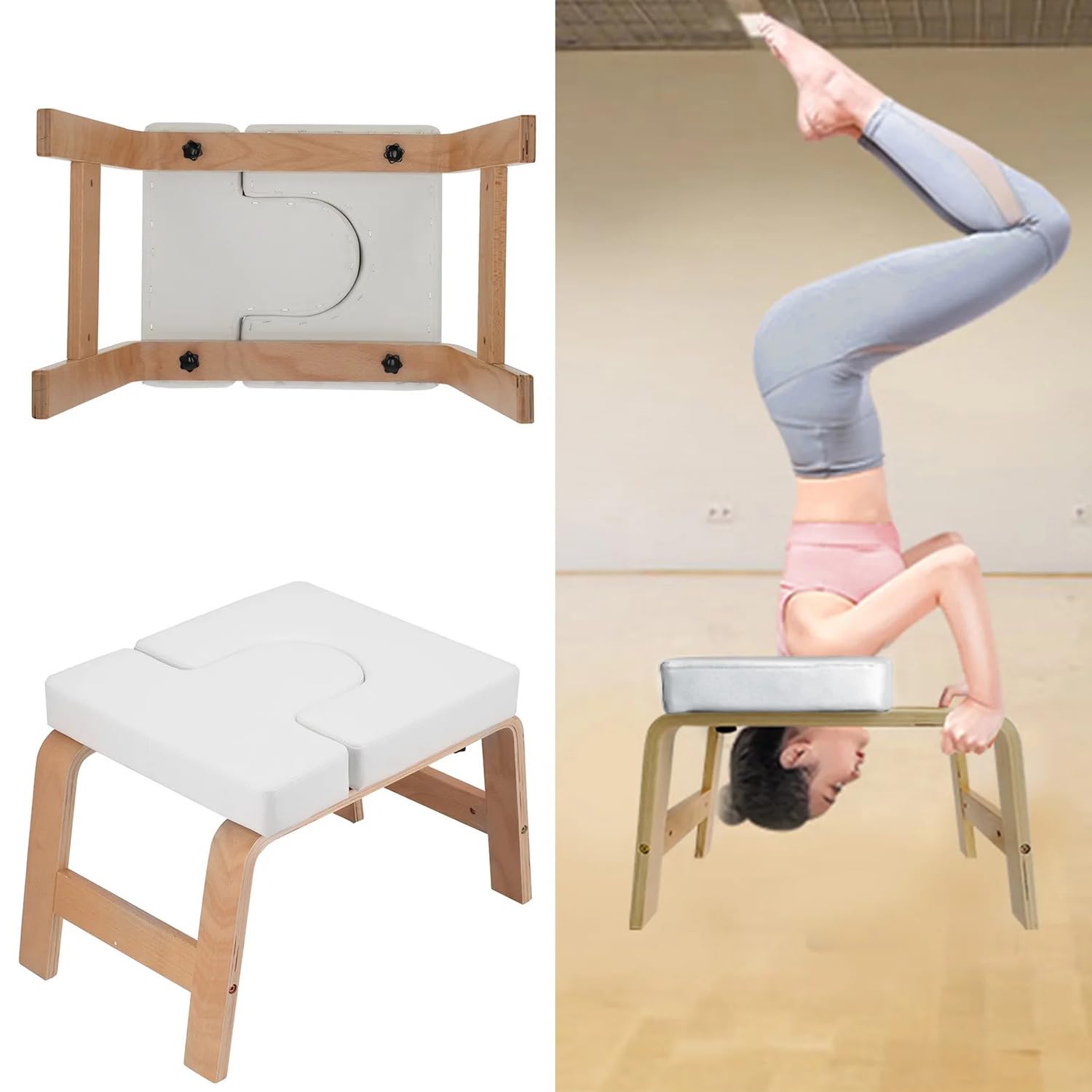 Sgabello Yoga Per Verticali,Seduta Yoga Per Esercizi Headstand In Legno Massiccio,Poggiatesta Rimovibile,Adatta Per Chi Pratica Fitness,Uso Domestico,(63 * 41 * 38cm,Bianco)