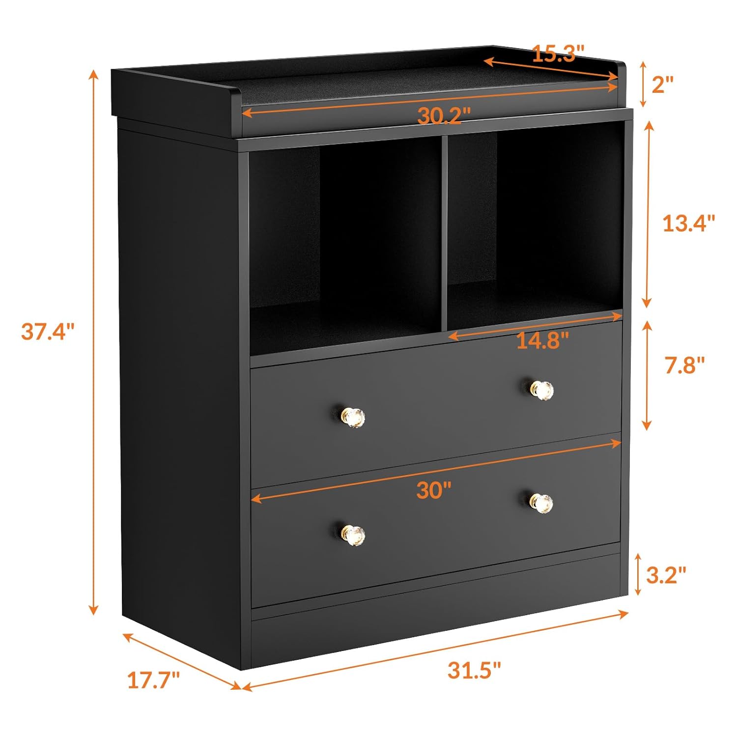 Jojoka Modern Wooden Baby Changing Table with Pad – 2 Drawers & 2 Open Compartments – Nursery Dresser & Diaper Changing Station – for Bedroom or Kids Room – Black