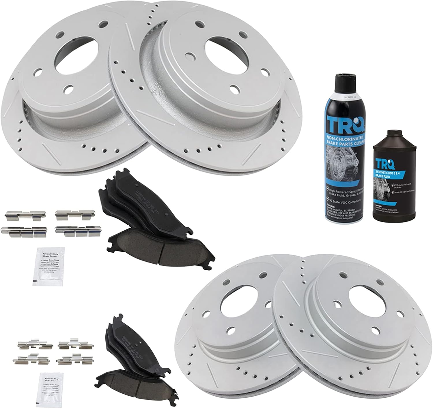 TRQ Front and Rear Performance Brake Pad & Rotor Kit Brake Chemical Kit Brake Pads Brake Rotors Set Ceramic Premium G-Coated Compatible with 2002-2004 Dodge Ram 1500