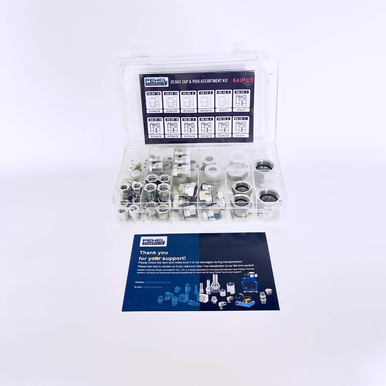 64 Pcs. JIS Cap & Plug Kit, Precision Threading Hydraulic Hose Adapter Fitting Set Kit, Dash Sizes 04 06 08 10 12 16