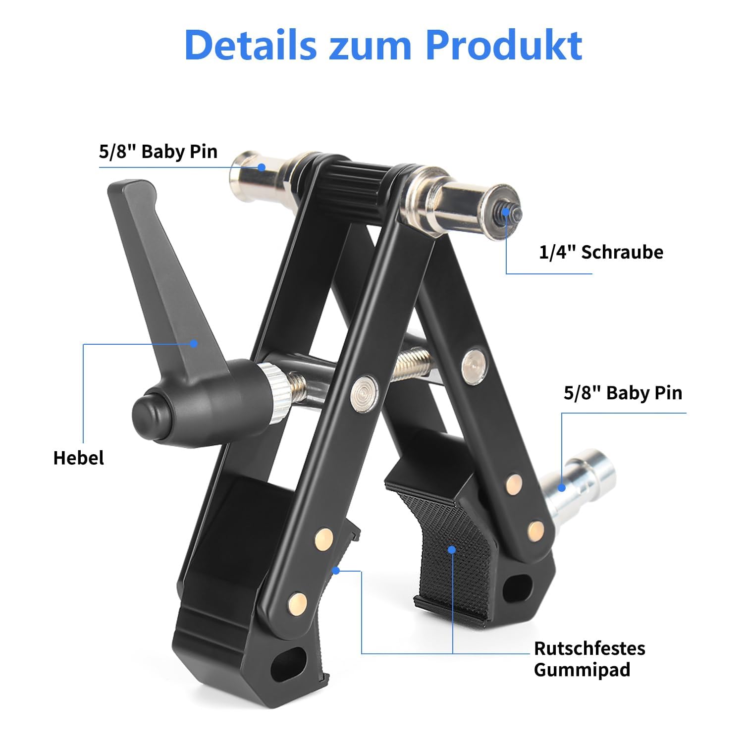 Súper Abrazadera, Abrazadera Universal con 5/8« Baby Pins y 1/4» Rosca para Cámara DSLR