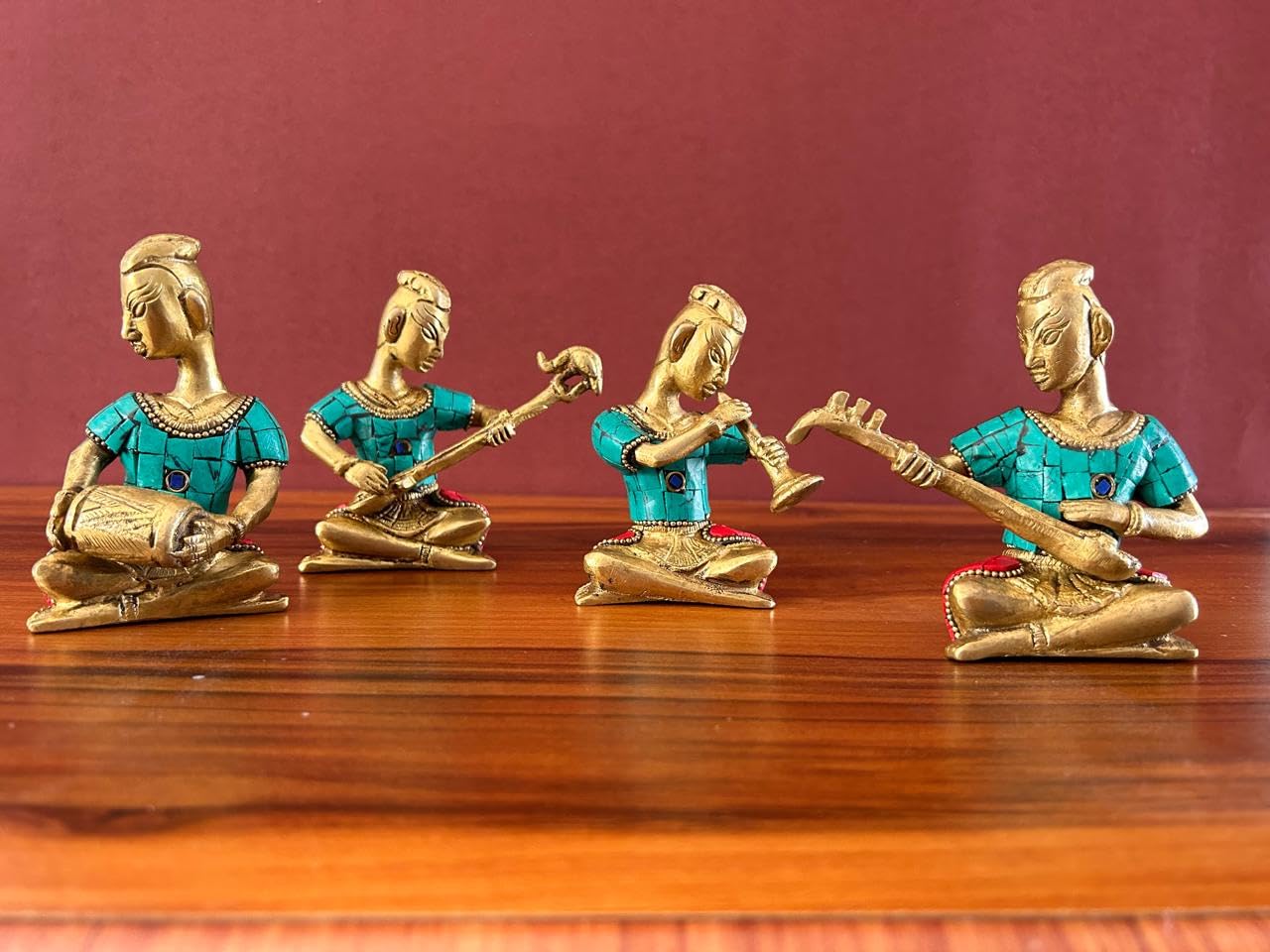 Joyful - Set musicale in ottone con lavorazione in pietra, 4 pezzi, collezione di idoli musicisti per matrimonio, regalo di nozze, set musicista in ottone, 11,4 cm, decorazione per la casa