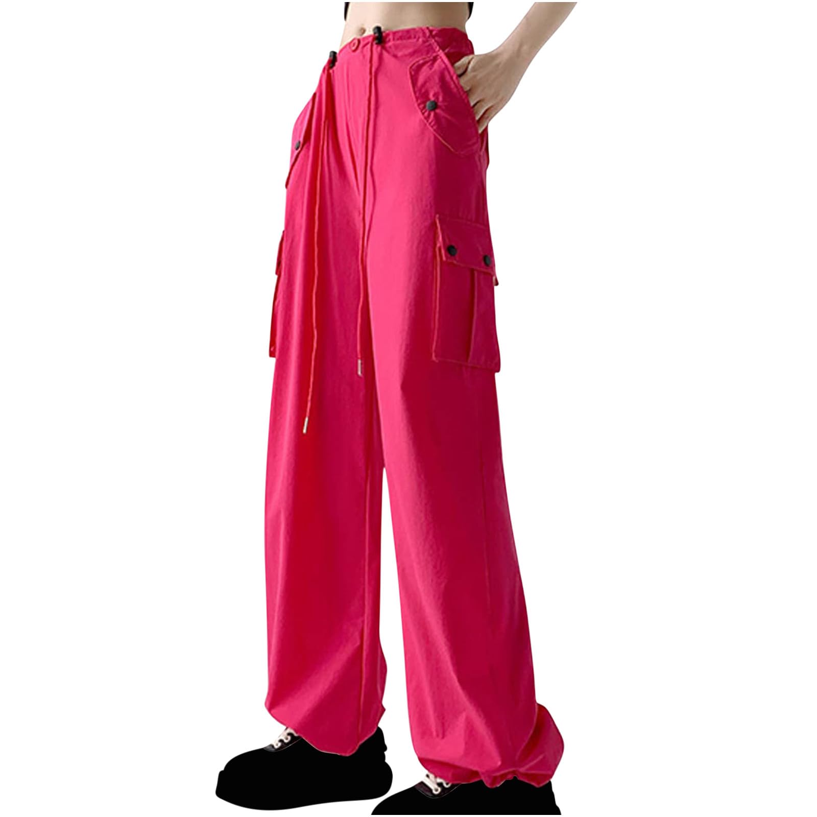 XUNRYAN Cargo Pants Girl Juniors Pants Lightweight Quick Dry Low Waist Baggy Parachute Pants Wide Leg Joggers Preppy Clothes Hot Pink