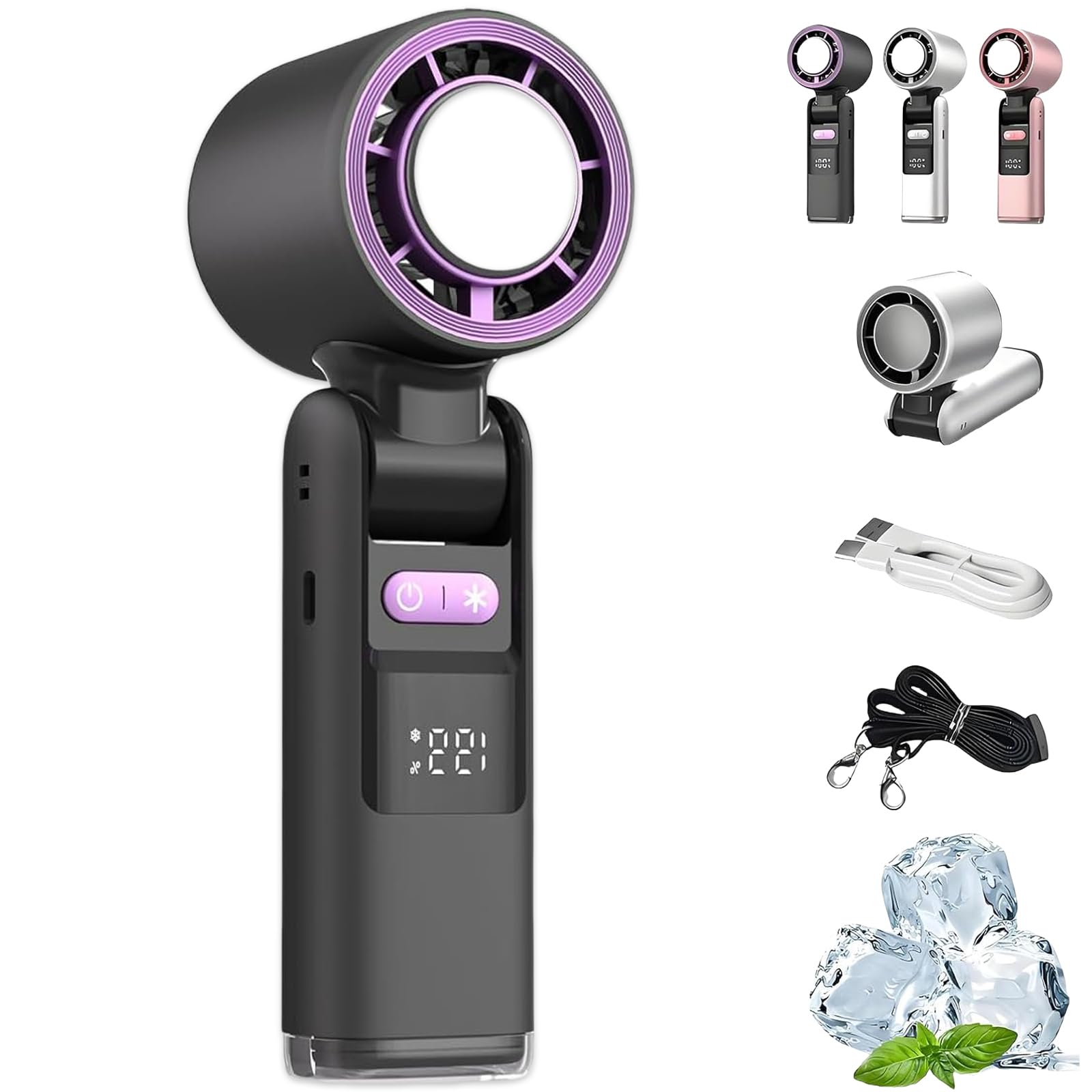 Multifunction Portable Handheld Turbo Ice-Cooling Fan, AC-Like Gel Pad Tech, 5 Gears, Rechargeable 135° Tilt Foldable Design for Travel, Office, Outdoor Use (Black)