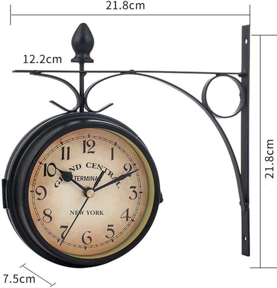 Wall Clock, Garden Clocks Outdoor Waterproof, Wrought Iron Vintage Decorative Double-Sided Outdoor Clocks for The Garden Wall Mounted Battery Powered Metal Hanger Outside Clock Coffee Bar Roun (A )