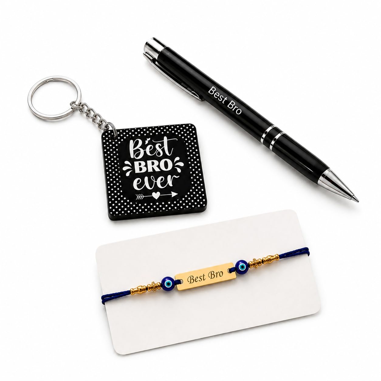 Best Bro Rakhi Gift Combo for Brother | Evil Eye Metal Rakhi, Wooden Printed Best Bro Keychain & Premium Metal Ball Pen | Raksha Bandhan Gift Set for Bhai-image-47
