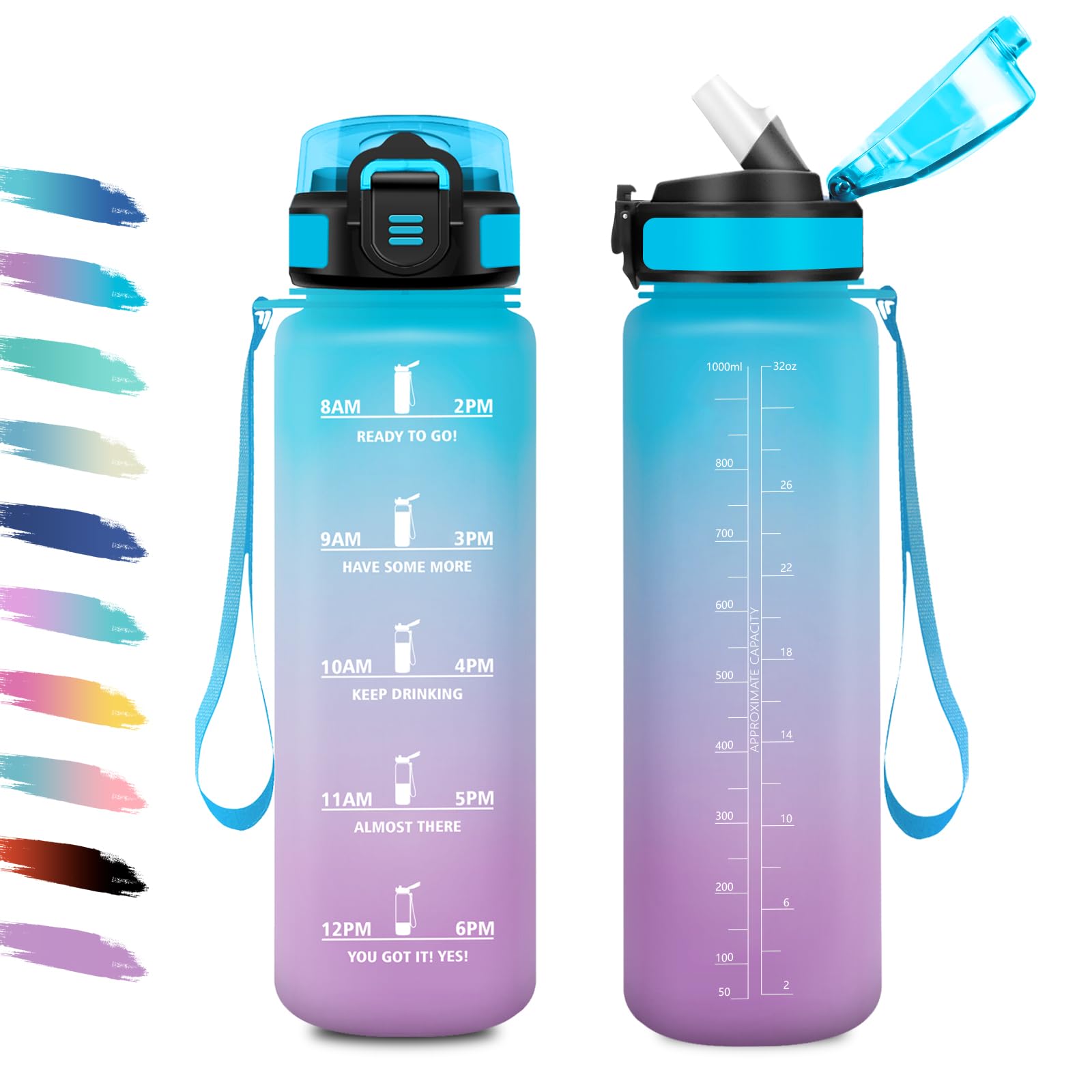 KollyKolla Sports Water Bottle 1L Water Bottle with Straw, Leak Proof, Easy Cleaning, Motivational Water Bottle with Time Indicator for Camping, Cycling, School, Office, Work, Gym