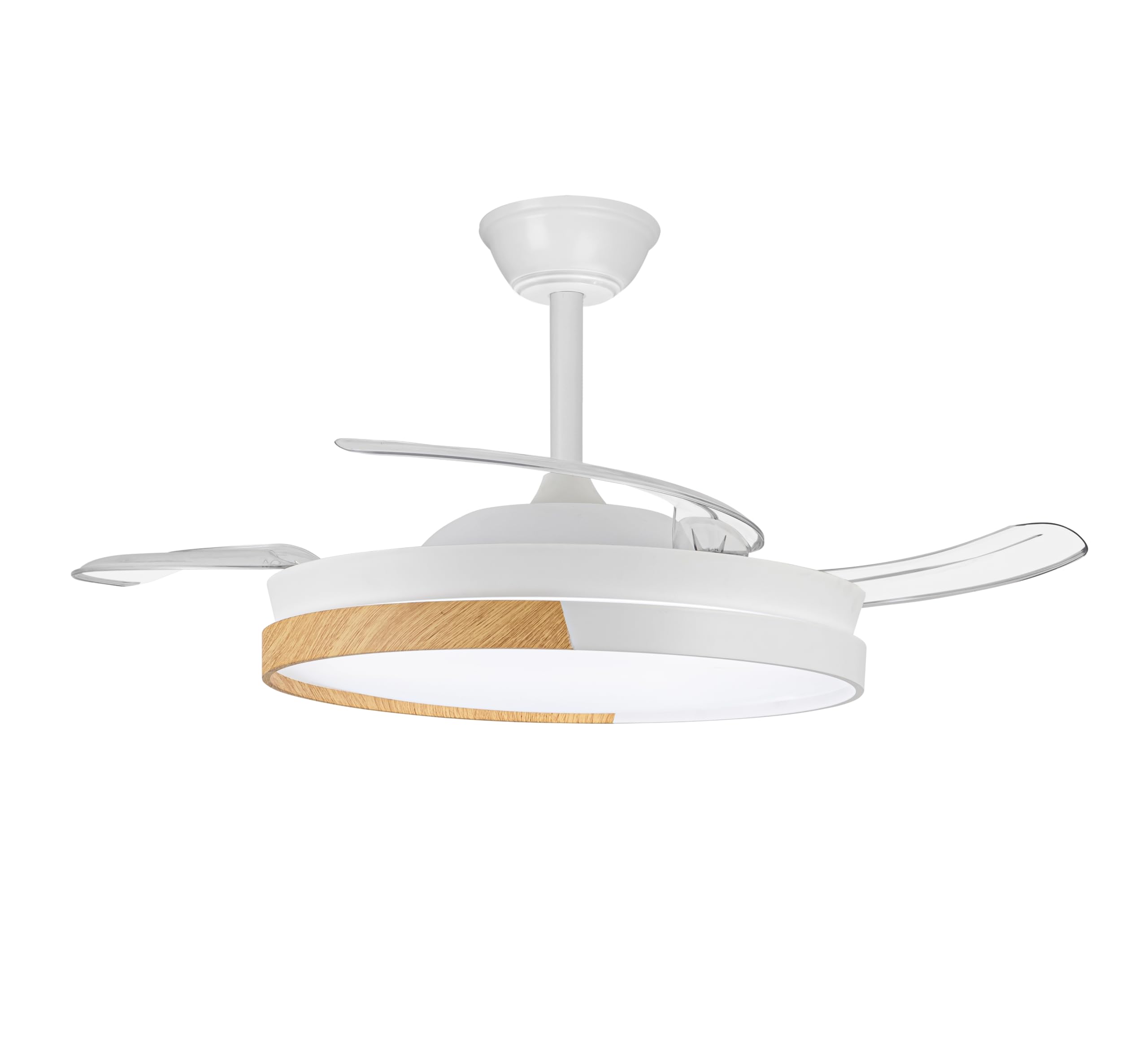 wonderlamp - Ventilador de techo con aspas retráctiles, Ventilador de techo con luz LED Arpino Blanco+Madera CCT 3000-4000-6000K, Intensidad Regulable 48W, Silencioso