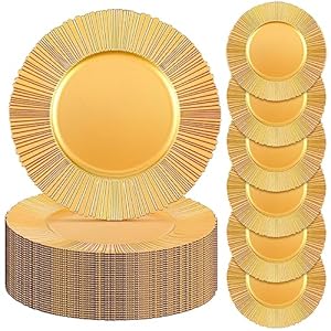 50 Pack 13 Inch Gold Charger Plates Fluted Rim Plastic Chargers for Dinner Plates Round Rim Charger Plates Bulk Wedding Dinnerware Charger Plates for Party Quinceaneras Restaurant Decorative