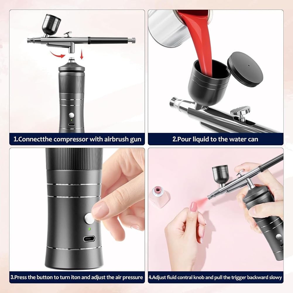Kit Aérographe avec Compresseur, Kit Aérographe 48 PSI avec Buse 0,3/0,5 mm et Ensemble de Brosses de Nettoyage A