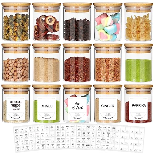 STARSIDE 6 oz Glass Jars with Bamboo Lids,Set of 15 Empty Spice Jars with Labels,Glass Spice Containers,Airtight Food Storage Container,Borosilicate Glass Canisters Sets