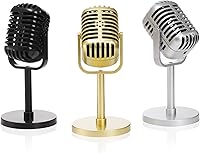 Vista 1 de Paquete de 3 accesorios de micrófono retro, modelo clásico de micrófono vintage con soporte, micrófonos de plástico, disfraz de juguete