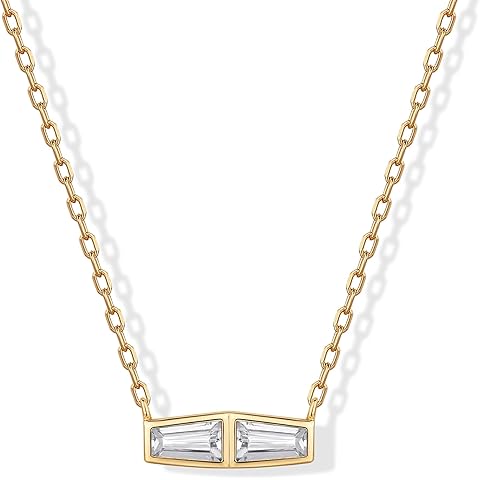 PAVOI 14K Gold Plated Dainty Tapered Baguette Cubic Zirconia Pendant Necklace | Trendy Chain Necklaces for Women