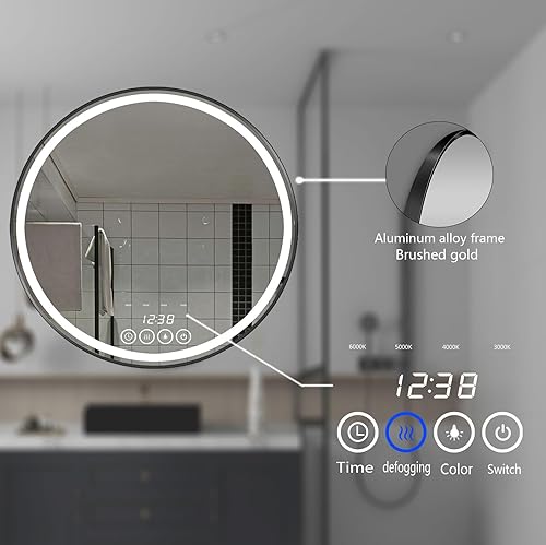 Miniatura 5 de Espejo redondo de baño de 24 pulgadas para montar en la pared con luces LED, espejos de tocador con marco (24 x 24 pulgadas, negro)