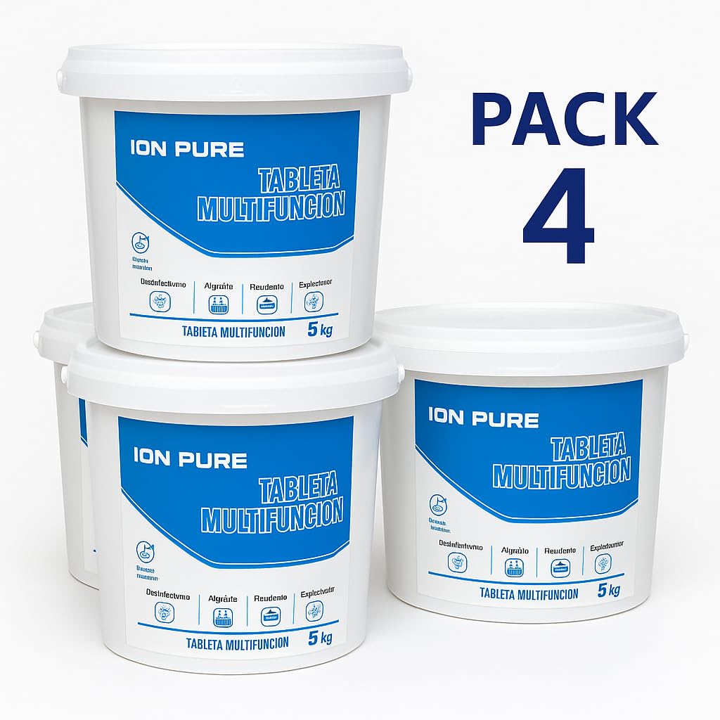 Pack de 4 Botes 4 x 5kg Tabletas Multifunción 5 Acciones Marca Ion Pure – Tratamiento Completo para Piscinas – Sin Cobre – Mantiene el Agua Clara y Transparente