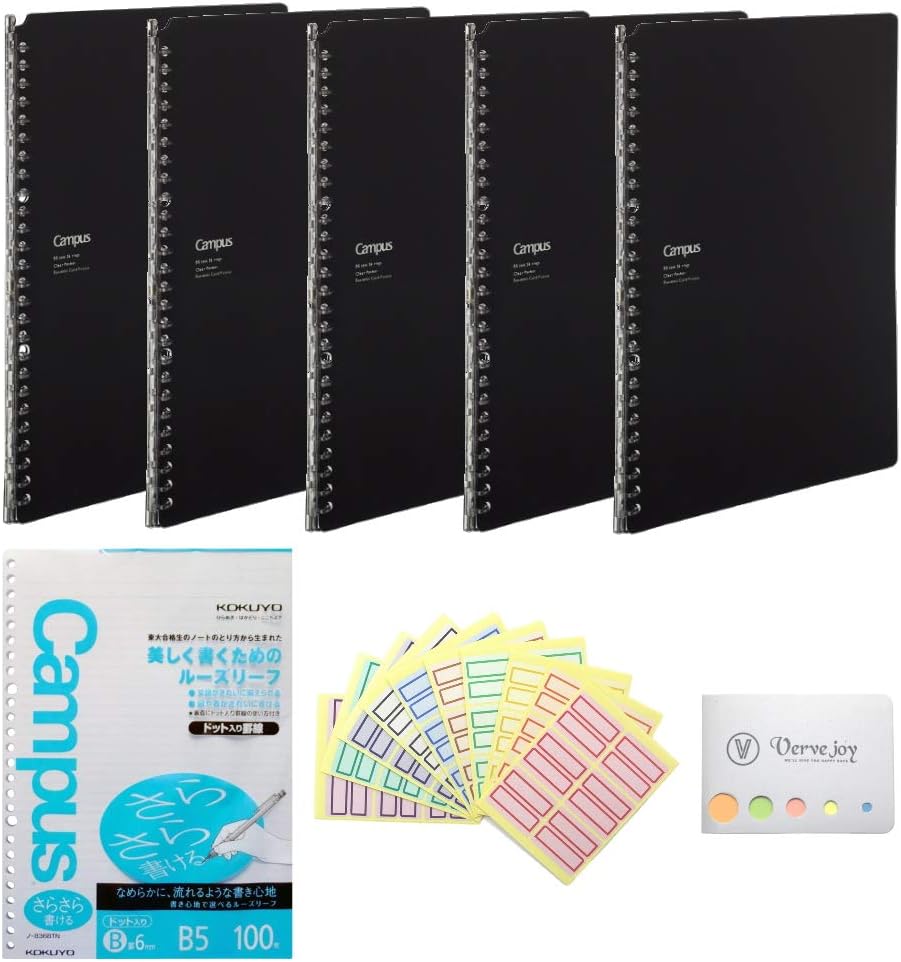 Kokuyo Campus Smart Ring Biz Binder with Documents and Business Card Pocket- B5-26 Rings Black x 5 and Pre-Dotted Loose Leaf Paper and Color Index and Original Sticky Note Set (Black)