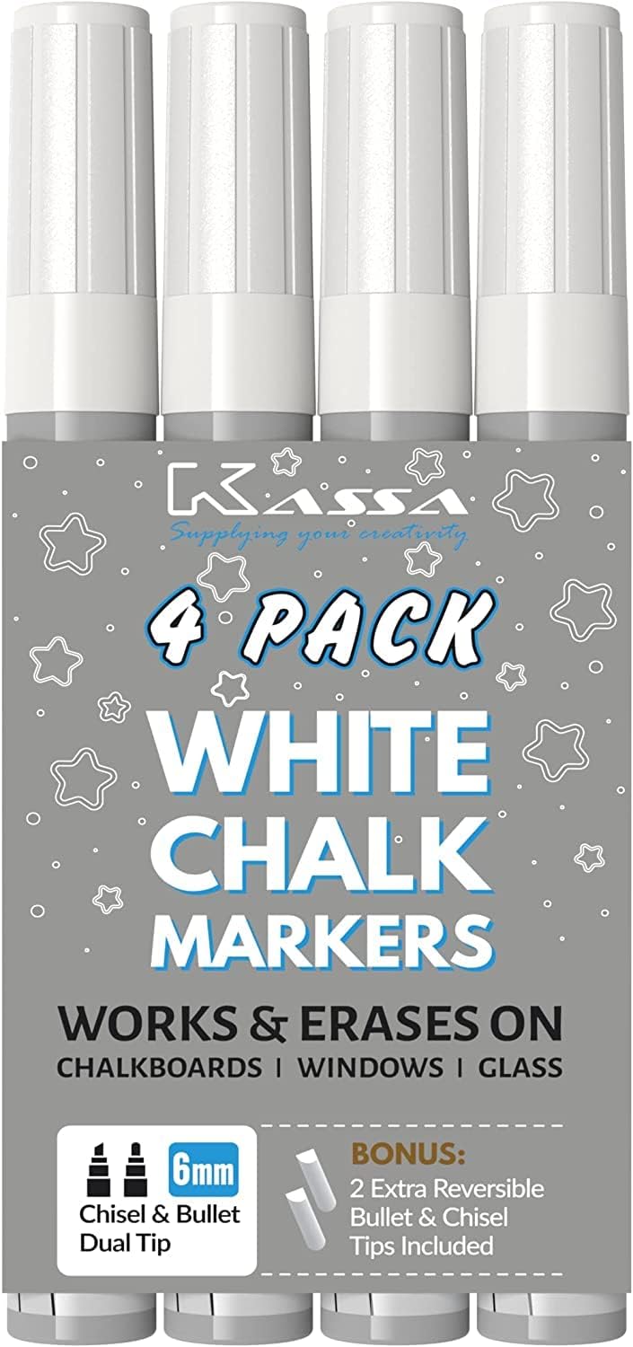 Kassa White Chalk Markers (4 Pack) Liquid Chalkboard Pens Erasable