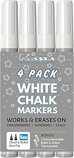 Kassa White Chalk Markers (4 Pack) Liquid Chalkboard Pens: Erasable Blackboard, Classroom, Signs, Windows, Glass or Mirror...
