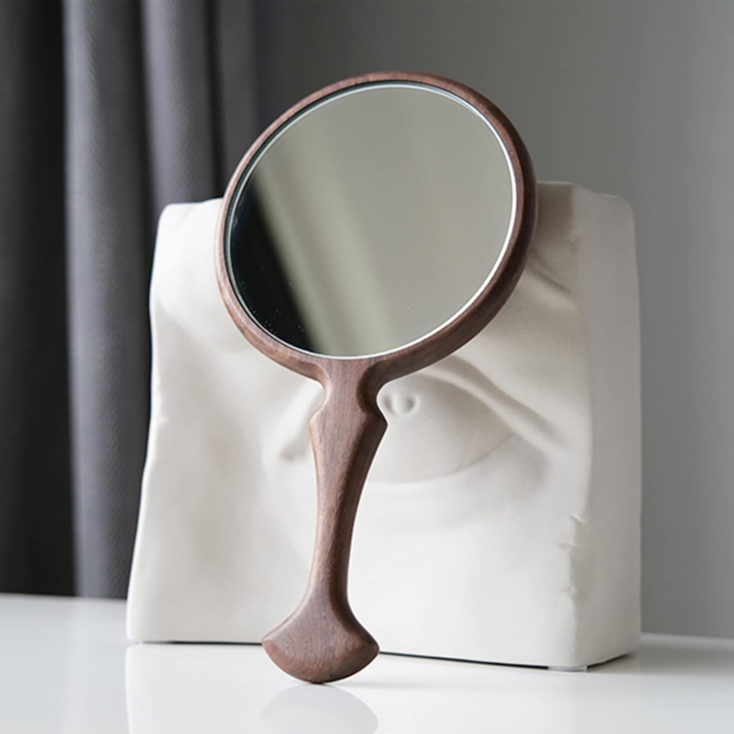Fishtail Solid Wood Handle Mirror Single-Sided Hand-Held Makeup Mirror Small Cute Portable Travel Vanity Mirror for Men&Women