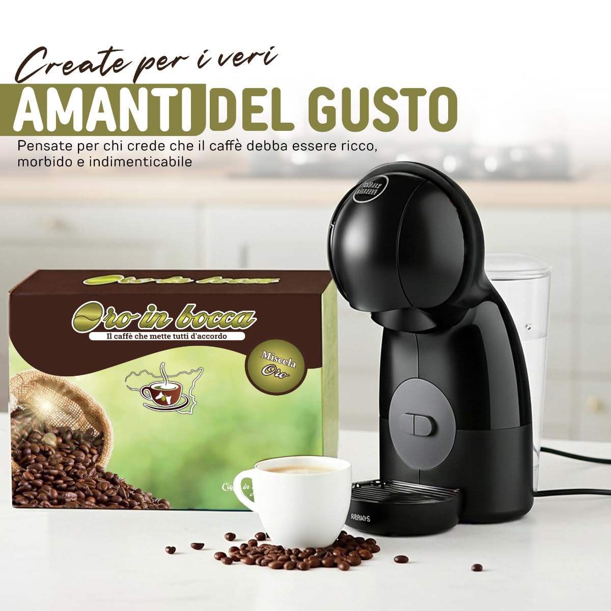 Oro in Bocca 100 Capsule Caffè Decaffeinato Compatibili con Nescafé Dolce Gusto, Caffè Espresso Decaffeinato 70% Arabica 30% Robusta, Gusto Morbido e Bilanciato, Aroma Dolce, Made in Italy (100, DEK)