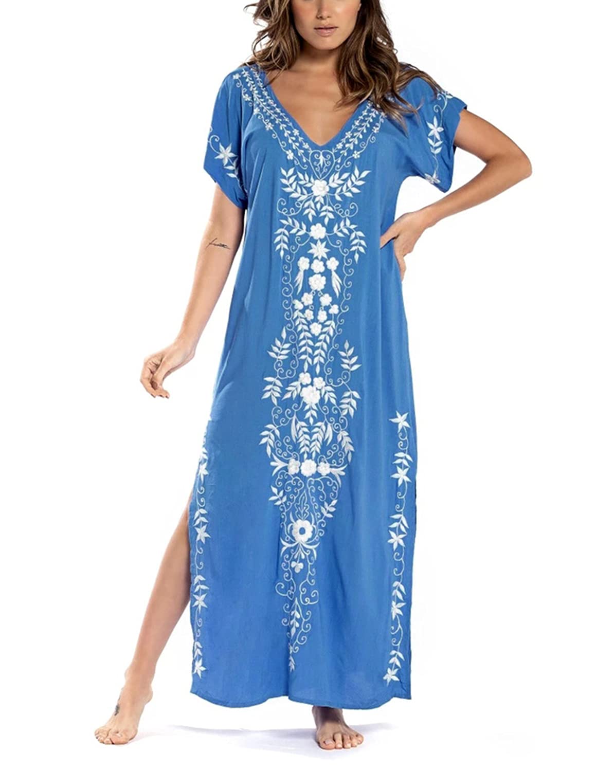 JENON Robe de Plage Longue Femme Imprimé Floral Paréo Loose Chemisiers Blouses pour Maillot de Bain Bikini Cover Up Beachwear