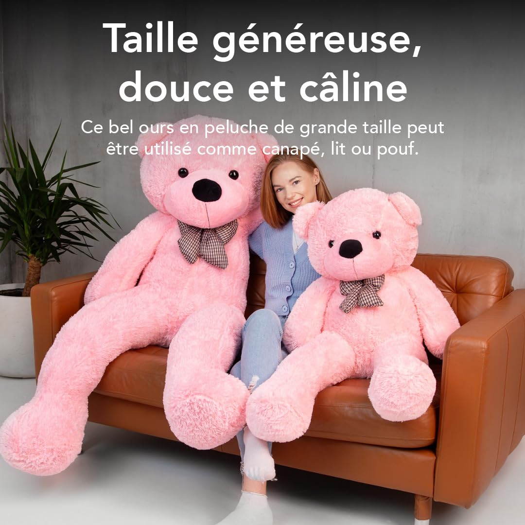 MKS Ours en Rose Peluche 180 cm & Ours Rose XXL - Nounours Géant - Pink Teddy Bear - Doudou Géant - Ours en Peluche Très Grande Taille - Gros Nounours en Peluche