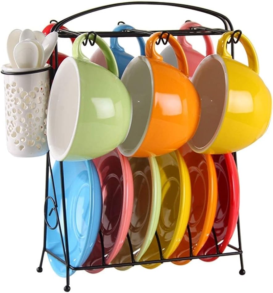 当店は最高な サービスを提供します ティーセットクリエイティブセラミック大容量プロフェッショナルプルフラワーコーヒーカップディッシュセットカプチーノコーヒーカップ6カップソーサーティーギフトセット 色 赤