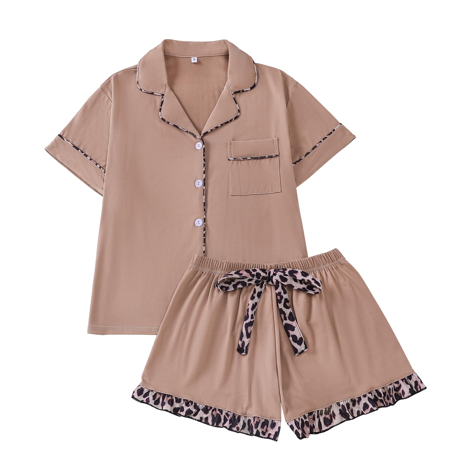 RONGTAI Damen Pyjama Set mit Leopardenmuster Button-Down-Kragen 2-teilig Sommer-Pyjama Shorts-Set Nachtwäsche Loungewear S-XL