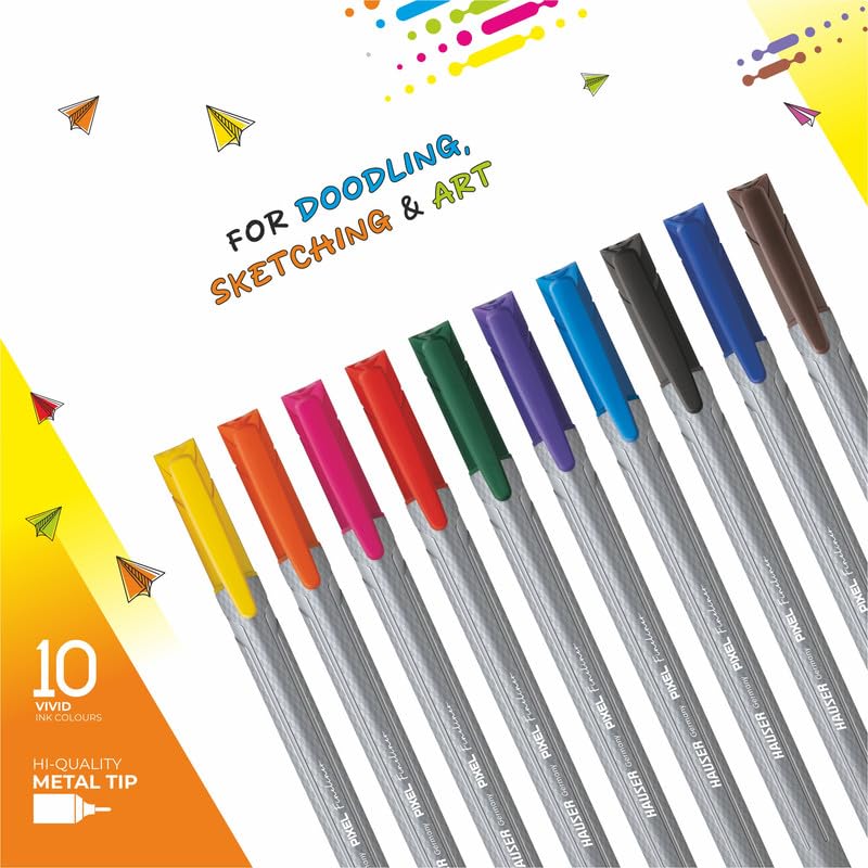 Image of Hauser Germany Pixel Fineliner | Triangular Body For Better Grip | Hi-Quality Metal Tip | Available in 10 Vivid Ink Colours | Pack of 10